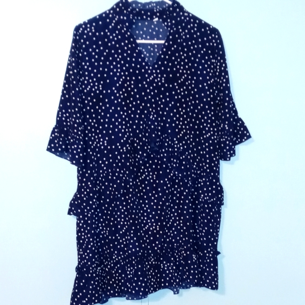 Unknown Brand Blue White Polka Dots Dress Has Several Ruffles Size Large